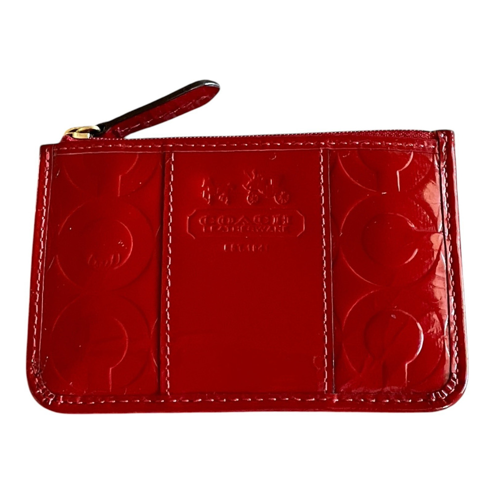 COACH Embossed C Red Patent Leather Gold Key Ring Small Skinny Card Case Top Zip